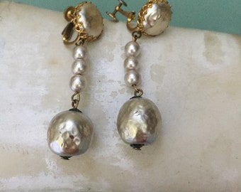 Vintage Signed Mariam Haskell Dangling Baroque Pearl Clip On Earrings, Elegant Estate Jewelry