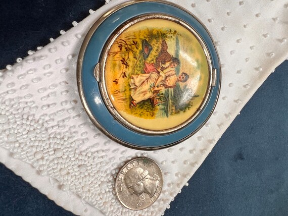 Vintage Blue Enamel Courting Couple  Round Powder… - image 3