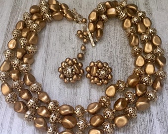 Vintage Triple Strand Gold ToneBead Necklace and Clip On Earring Set, Hong Kong, Estate Jewelry