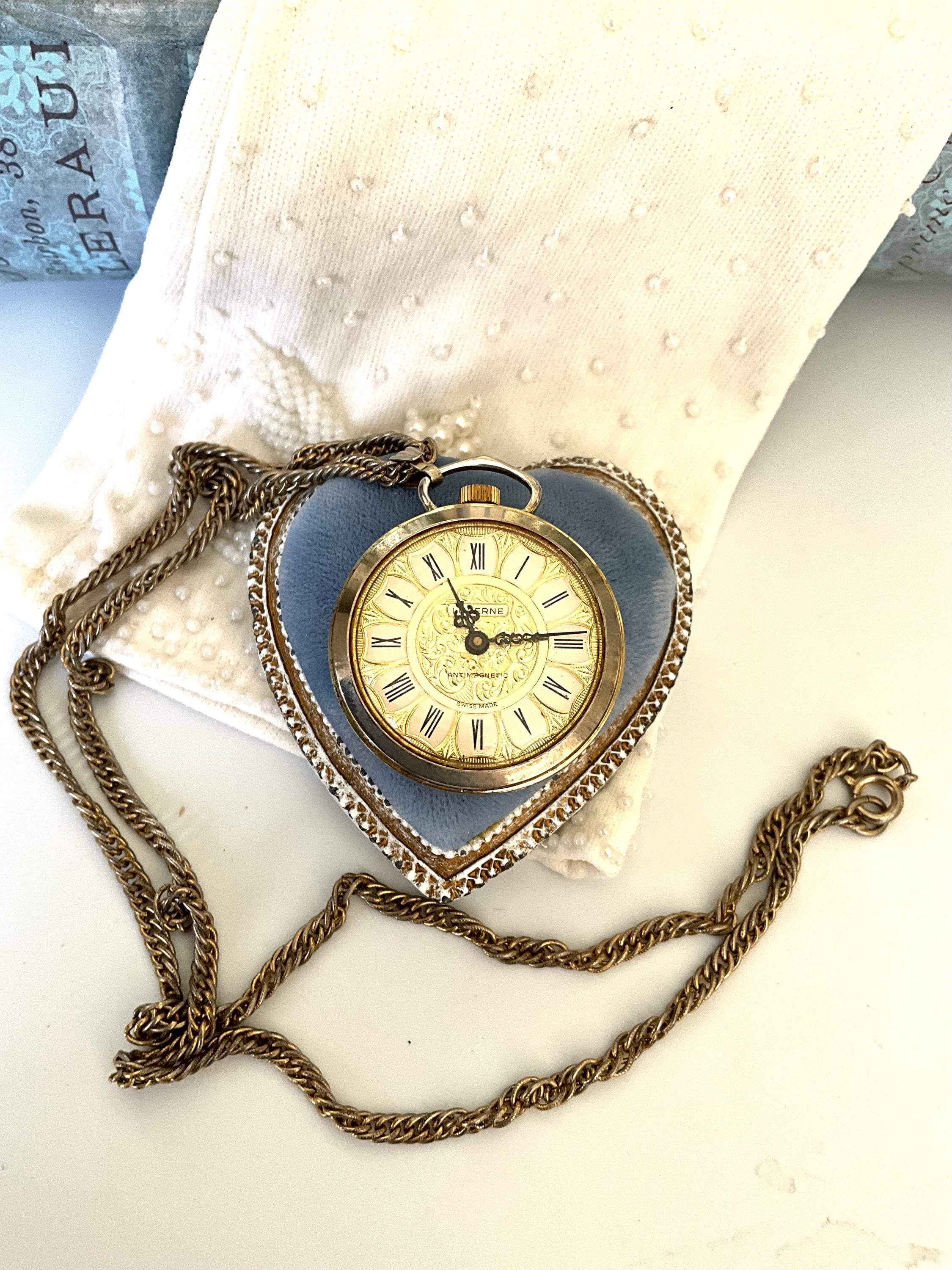 Vintage Lucerne Watch Necklace Swiss 60s 70s Retro Heart Window Floral Etched Vintage Lucerne Mechanical Watch Necklace: Swiss Made Floral  main image 3