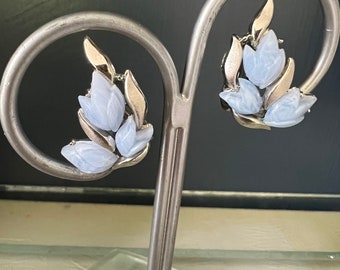 Vintage Signed Crown Trifari Blue Lucite Floral Leaf Earrings, Mid Century Jewelry