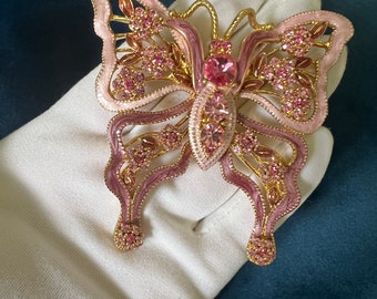 Extra Large Pink Enamel Rhinestone Gold Tone Butterfly Brooch, Butterfly lover pin,