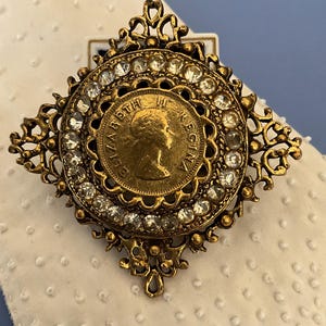 Queen Elizabeth II 1955 South Africa Coin Brooch: Rhinestone Royal Jewelry