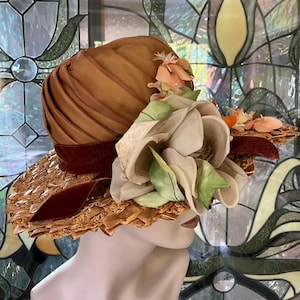 Vintage Straw Brim Hat with Florals and Velvet Ribbon - GERCHI - 1950s/60s