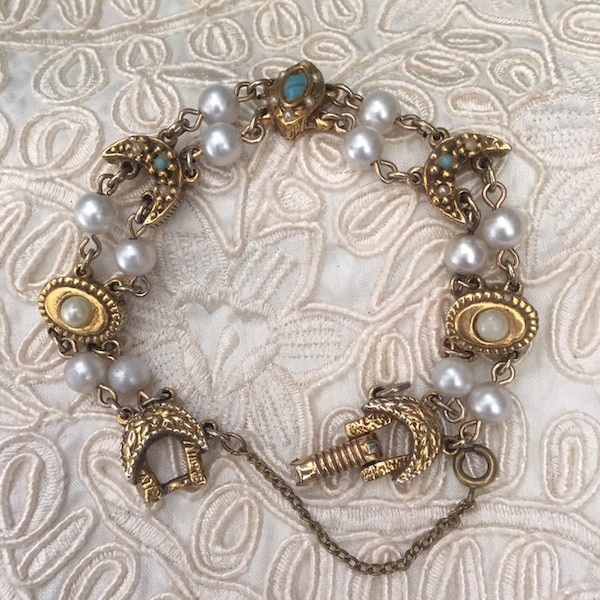 Vintage Unsigned Goldette Victorian Revival Charm Bracelet