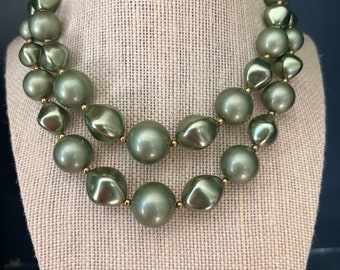 Vintage Light Green Double Strand Bead Necklace, Mid Century Choker, Estate Jewelry