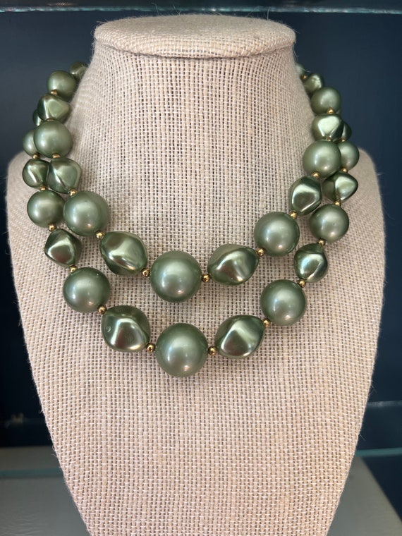 Vintage Light Green Double Strand Bead Necklace, M