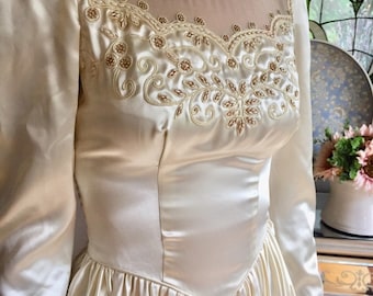 Vintage 1940s Beaded Satin Wedding Gown with Long Train