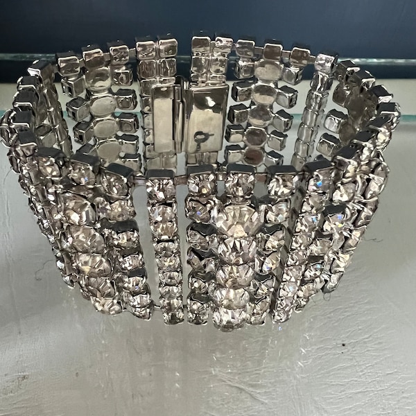 Vintage Rhinestone Extra Wide Cuff Bracelet, Hollywood Regency Jewelry, Mid Century Glamour Jewelry, Statement Bracelet