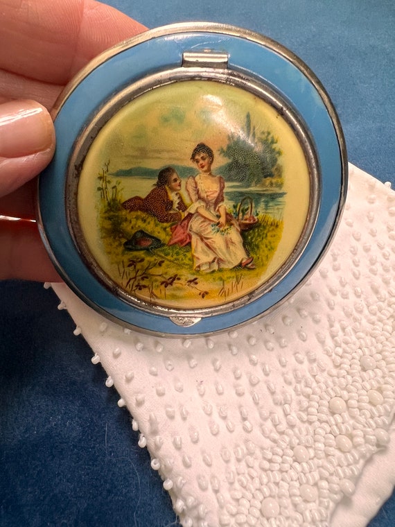 Vintage Blue Enamel Courting Couple  Round Powder… - image 1