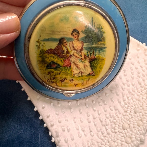 Vintage Blue Enamel Courting Couple  Round Powder Compact, 1930s Vanity Accessories