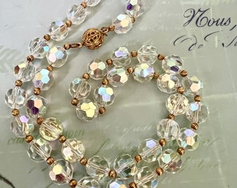 Vintage AB Crystal Beads elegant Estate Necklace, Faceted Crystal Aurora Borealis Beads