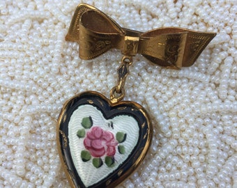 Vintage Black Guilloche Painted Rose Heart Locket with Bow Pin Brooch,Estate Jewelry, Sweetheart Gift