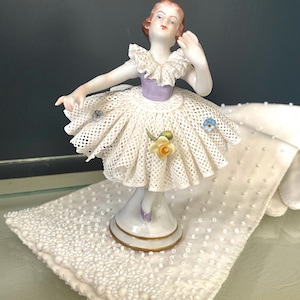 Antique Dresden Lace Porcelain Ballerina Figurine, Petite German Dancer Collectible