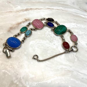 Vintage Gold Tone Scarab Bracelet: Egyptian Revival Gemstone Jewelry