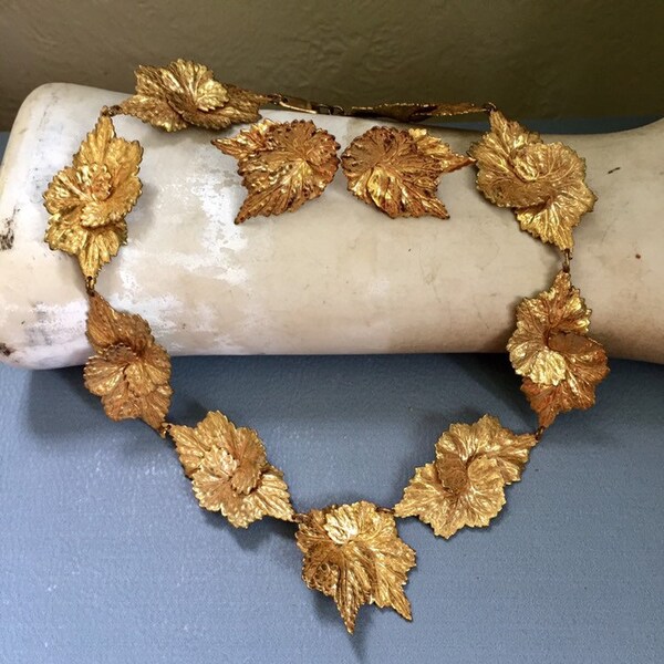 Vintage Signed Mariam Haskell Gold Tone Leaf Choker Necklace with Matching Clip On Earrings, Elegant Estate Jewelry