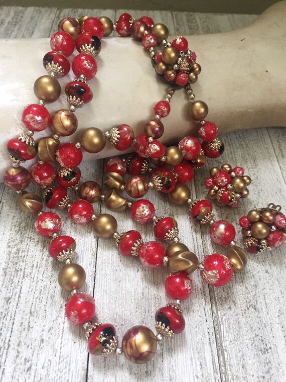 Vintage Mid Century Double Strand Necklace and Ma… - image 6