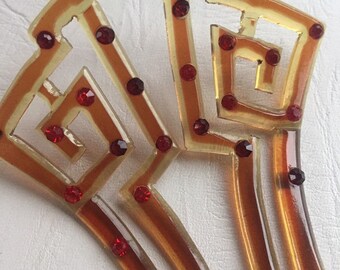 Antique 1920\'s Art Deco Celluloid Hair Fork Hair Comb Red Rhinestones Antique Celluloid 1920 main image 4