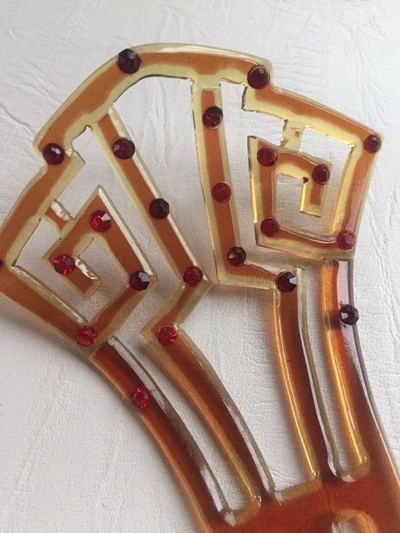 Art Deco Hair Comb, Celluloid and Ruby Paste Rhine