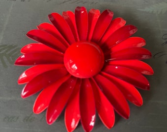 Vintage Metal Enamel Flower Pin, Mod 1960s Extra Large Red Orange Domed Center Brooch