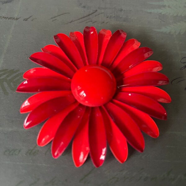 Vintage Metal Enamel Flower Pin, Mod 1960s Extra Large Red Orange Domed Center Brooch