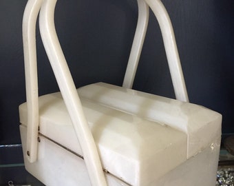 Vintage 1950s White Lucite Double Handles Box Purse, Top Opening Box Handbag Trinket Box, Retro Box Handbag