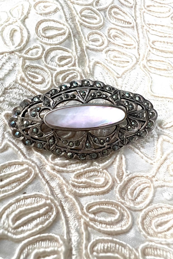 Vintage Sterling Mother of pearl Marcasite Brooch