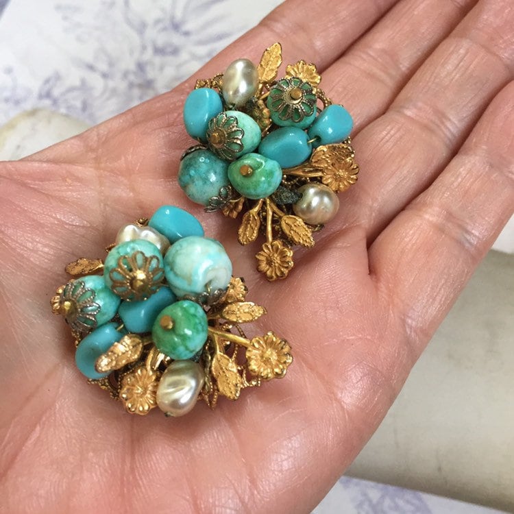 Vintage Signed Alice Caviness Clip on Earrings Mid Century Aqua Gold Baroque Pearl Jewelry Etsy