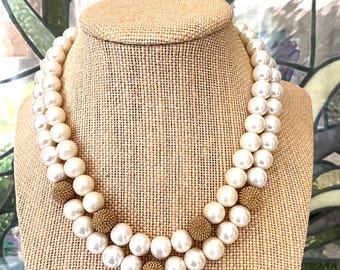 Signed Erwin Pearl Double Strand  Faux Pearl Choker Necklace,  American Designer Jewelry 1970s, 1980s