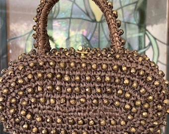 1950s 1960s Bronze Beaded Raffia Purse, Vintage Made in Italy, Made of Kaufmans Pittsburgh, Top Handle Oval Mid Century Box Purse