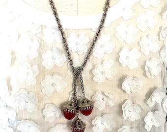 Vintage Silver Tone Chain Lariat Necklace with Carnelian Stones
