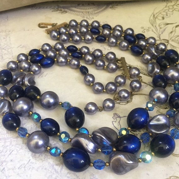 Vintage Multi Strand Blue Bead Choker, Mid Centur… - image 5