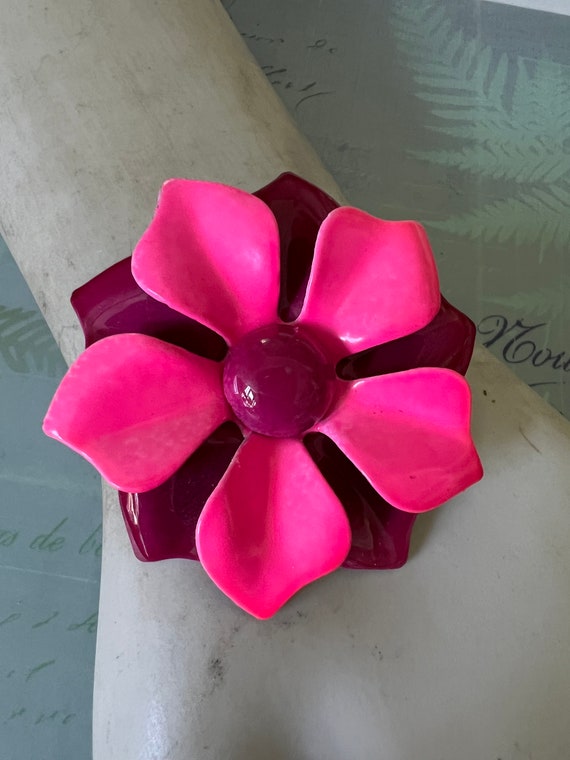 Vintage Enamel Flower Brooch, 1960's Mod Pink Flor