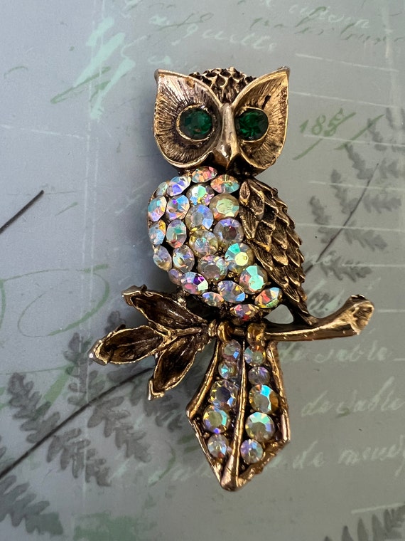 Vintage Rhinestone Owl Brooch, Owl on Branch Pin, 