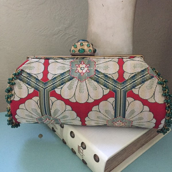 OOAK Purse, vintage OBI Fabric Evening Clutch, Jade Accents