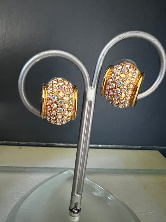 Vintage Swarovski AB Crystal Encrusted Hoop Pierced Earrings, Gold Tone Swan Marking