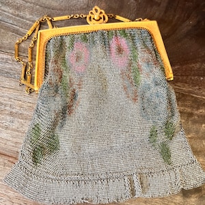 Antique Petite Edwardian Painted Mesh Purse, Turn of Century Mesh Bag