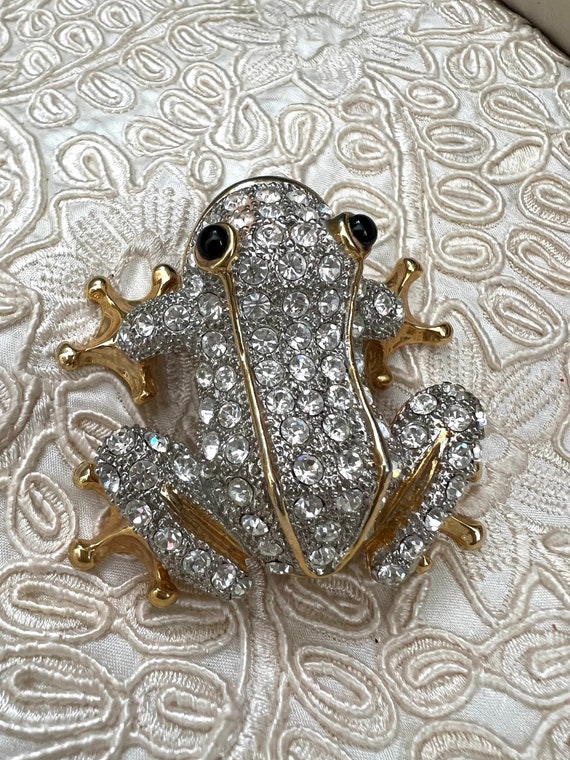 Vintage Extra Large Rhinestone Frog Brooch, Pave … - image 5