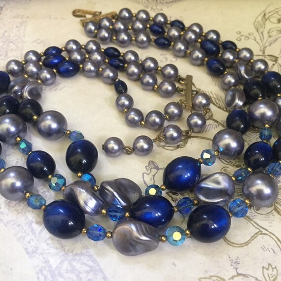 Vintage Multi Strand Blue Bead Choker, Mid Centur… - image 10