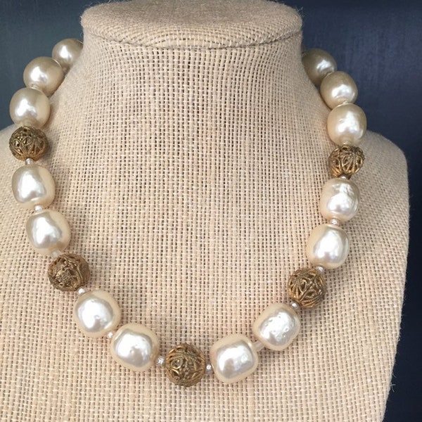 Vintage Signed Mariam Haskell Baroque Pearl Necklace with Brass Filigree Beads, wedding Jewelry