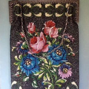 Antique Micro Beaded Floral Purse with Chain, Extra Large Victorian Handbag Rose Flowers