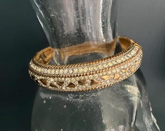 Vintage pave rhinestone gold tone cuff bangle bracelet, estate jewelry