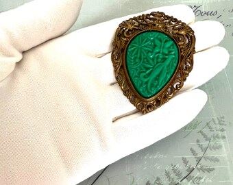 Vintage 1940s Celluloid Carved Faux Jade Pendant Brooch Ornate brass Filigree Frame, Asian Pagoda Theme Jewelry