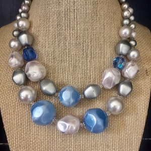 Vintage Chunky Faux Pearl Choker: Blue & Gray Double Strand Necklace