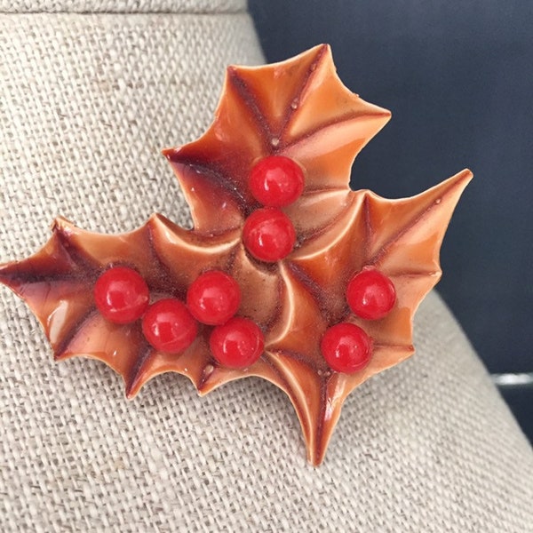 Vintage Celluloid Holly Berry Christmas Brooch Pin with matching Screw Back Earrings