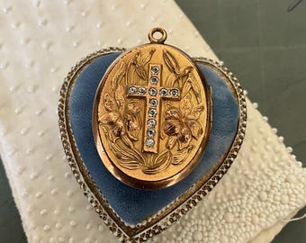 Antique Art Nouveau Gold Filled Locket: Lily Flower Cross, 1920s
