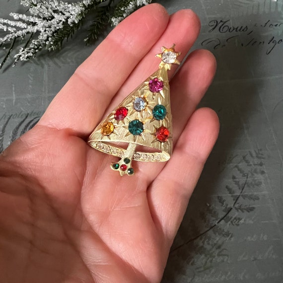 Vintage Mod Christmas Tree Pin, Multi Color, Book… - image 5