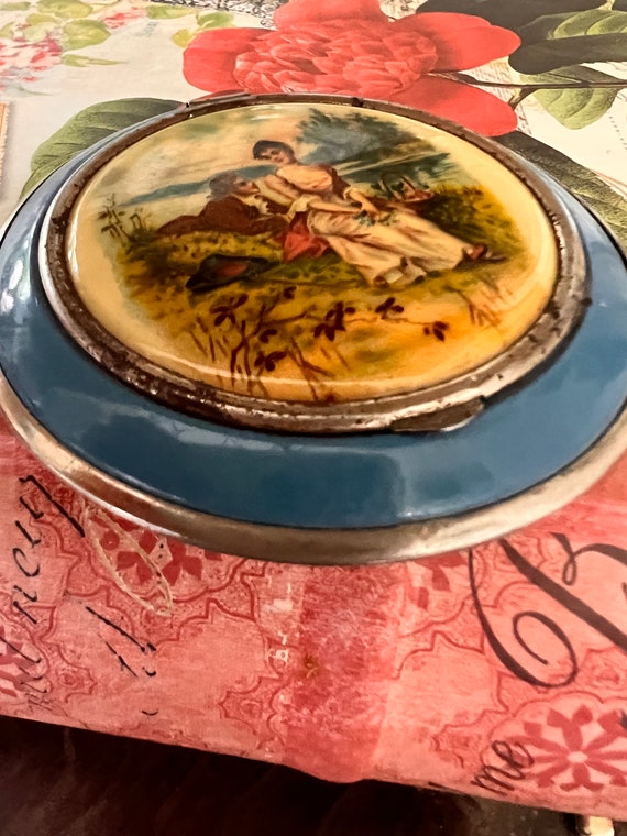 Vintage Blue Enamel Courting Couple  Round Powder… - image 2