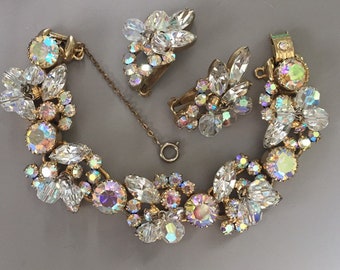 Stunning Vintage DeLizza and Ester Crystal Bracelet And Clip On Earring Set, Julianna Jewelry, Elegant Estate Jewelry