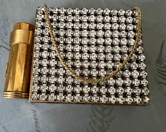 Vintage 1950s Rhinestone Wristlet Compact, Multi Function Powder, lipstick and coin purse with chain, Hollywood Glam Style